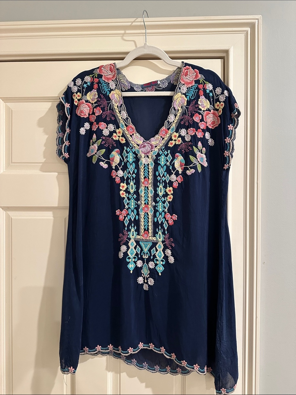 Johnny Was Navy Embroidered Floral V-Neck Tunic